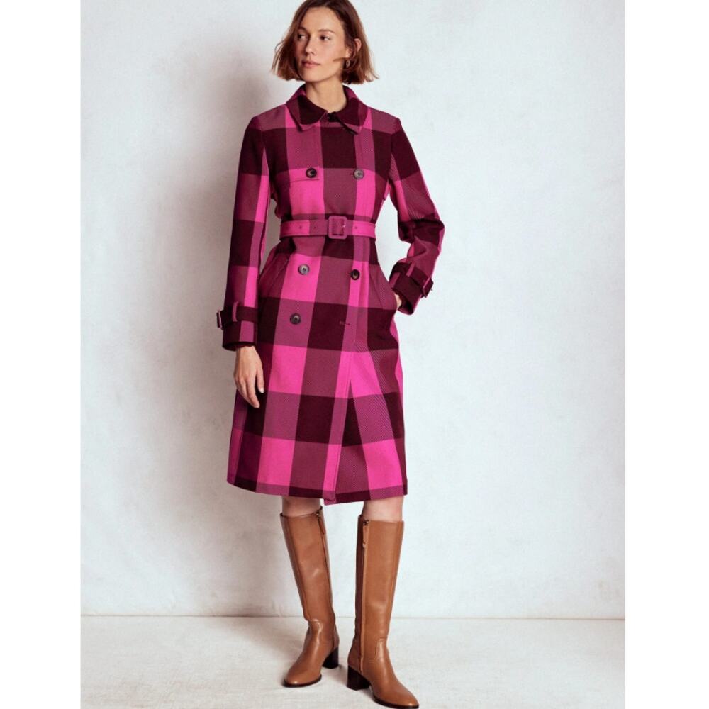 Boden 4P Cheltenham Trench Coat Pink Peony, Chestnut Gingham
